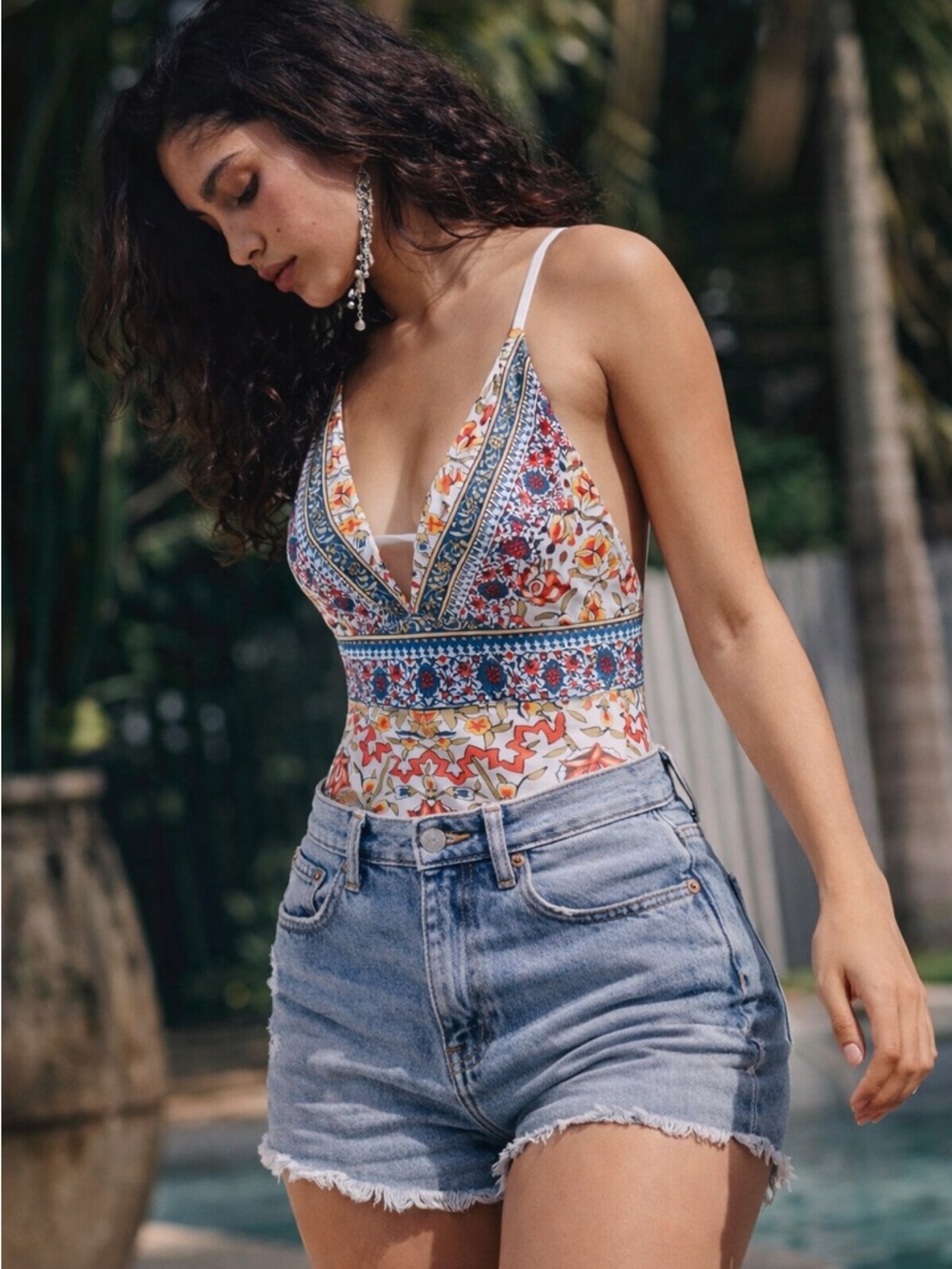 Cupshe Boho Floral Plunge One-Piece Swimsuit | Spring Blossoms | Size Large